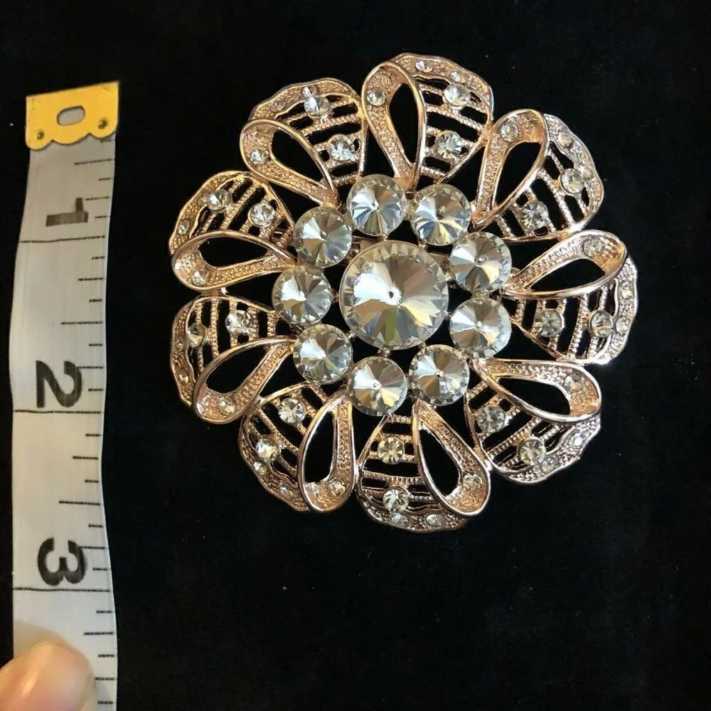Vintage Style Brooch Antiqued Gold Tone Big Round Crystals